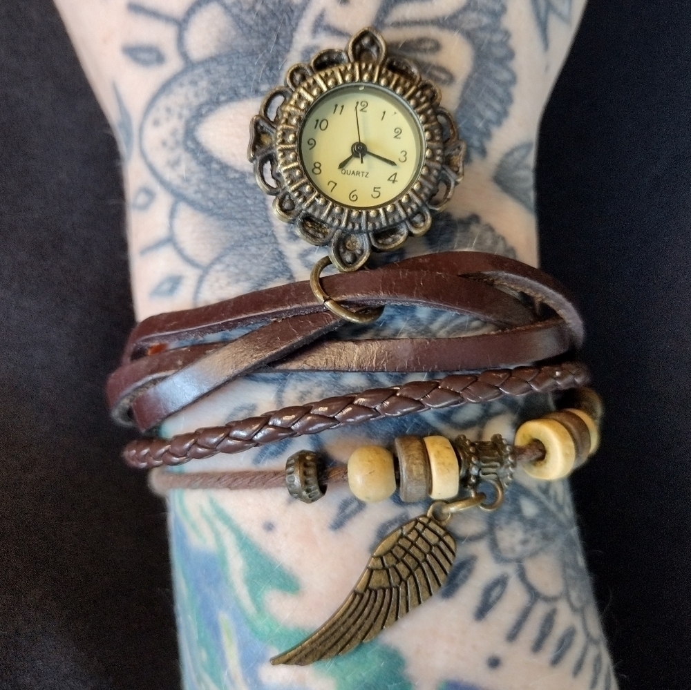Vintage Boho Beaded Brown Leather Wrap Watch